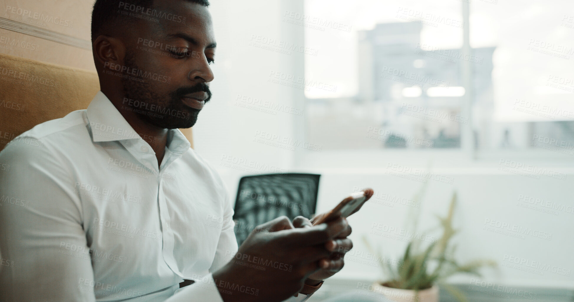 Buy stock photo Phone, research and black man in office with communication, networking or chatting on mobile app. Technology, business and African person with cellphone for online, texting or contact in workplace.