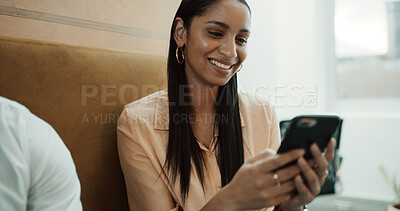 Buy stock photo Phone, research and businesswoman in office with communication, networking or chatting on mobile app. Technology, business and female person with cellphone for online, texting or contact in workplace