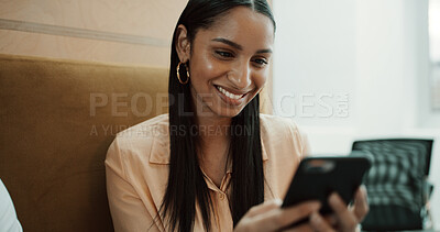 Buy stock photo Cellphone, research and businesswoman in office with communication, networking or chatting on mobile app. Technology, business and female person with phone for online, texting or contact in workplace