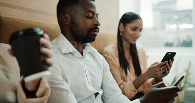 Buy stock photo Phone, typing and waiting room with business man at interview for human resources appointment. App, job opportunity and text message with employee people in lobby of corporate company for vacancy