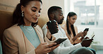 Waiting room, phone and business woman for research, job interview and opportunity in office. Line, coffee and people with cellphone for chatting on mobile app for recruitment process and update