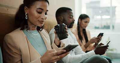 Buy stock photo Waiting room, phone and business woman for research, job interview and opportunity in office. Line, coffee and people with cellphone for chatting on mobile app for recruitment process and update