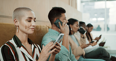 Buy stock photo Waiting room, phone and woman for business, job interview and opportunity in office. Hiring, line and people with cellphone for research on mobile app for recruitment process and vacancy update