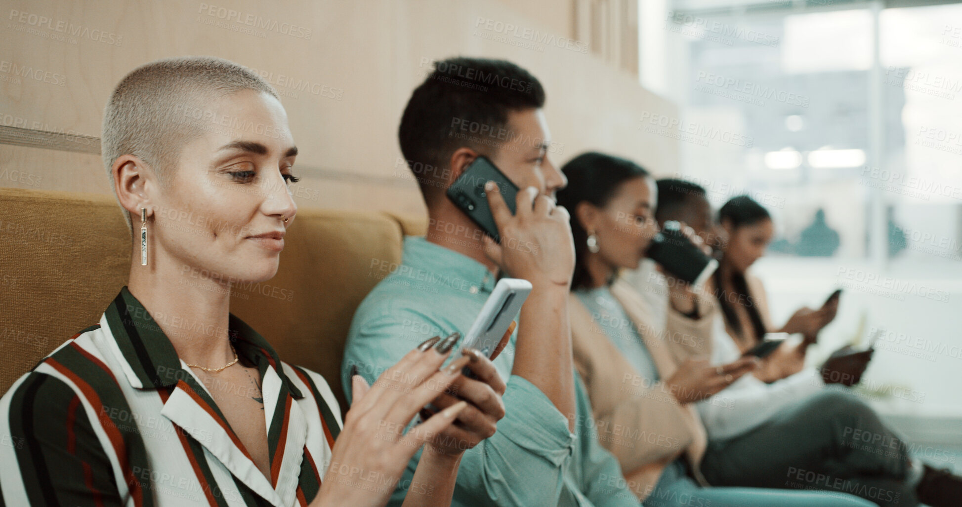 Buy stock photo Waiting room, phone and woman for business, job interview and opportunity in office. Hiring, line and people with cellphone for research on mobile app for recruitment process and vacancy update