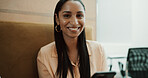 Phone, portrait and businesswoman in office with communication, networking or chatting on mobile app. Technology, business and female person with cellphone for online, texting or contact in workplace