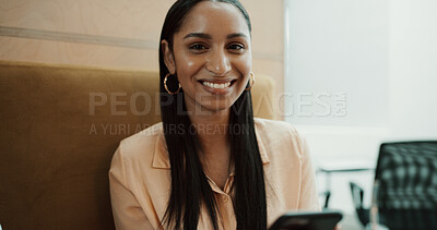Buy stock photo Phone, portrait and businesswoman in office with communication, networking or chatting on mobile app. Technology, business and female person with cellphone for online, texting or contact in workplace