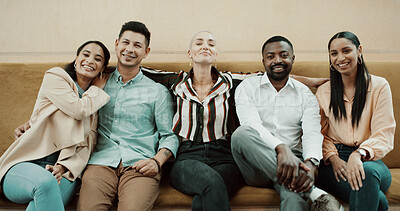 Buy stock photo Creative, team portrait and hug at media agency for workplace community, about us pride and happy. Journalist group, people and smile with embrace for solidarity, career support and company culture