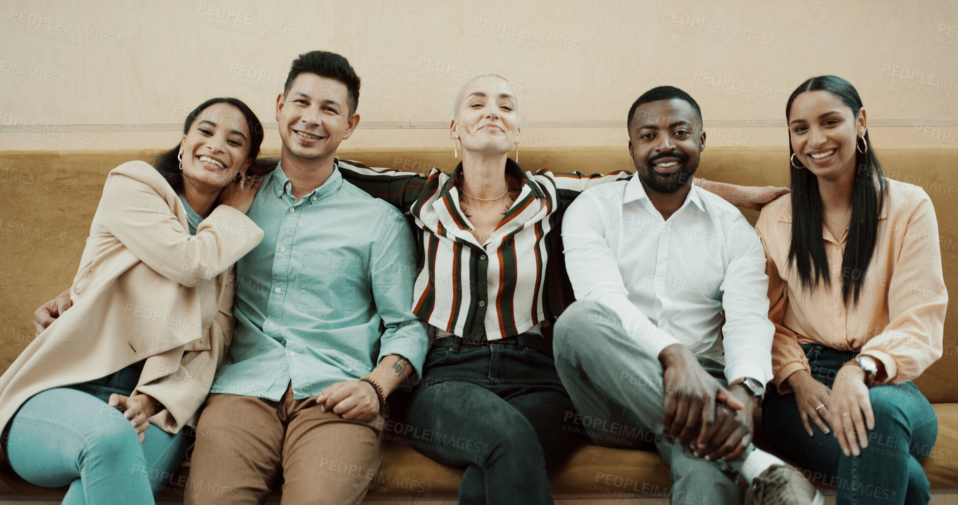 Buy stock photo Creative, team portrait and hug at media agency for workplace community, about us pride and happy. Journalist group, people and smile with embrace for solidarity, career support and company culture