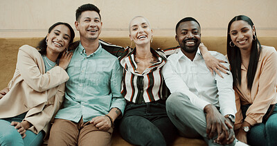 Buy stock photo Creative, team portrait and happy with hug in office for media agency, workplace unity and about us. Journalist group, support and people with embrace in newsroom for solidarity and company diversity