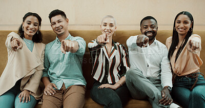 Buy stock photo Portrait, business and people pointing in office for decision, recruitment option and join us. Group, employees and hand gesture for invitation, voting choice and selection for onboarding opportunity