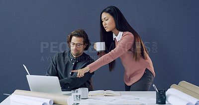 Buy stock photo Collaboration, laptop and pointing with architect people in office for planning or property development. Blueprints, computer and question with engineering team in workplace for project management