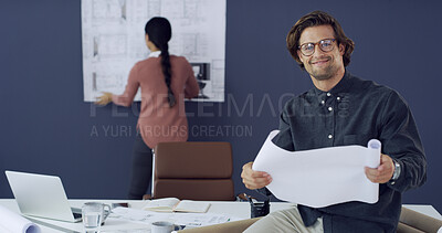Buy stock photo Blueprints, collaboration and construction with architect people in office for property development. Building, documents and floor plan with engineering team in workplace for project management