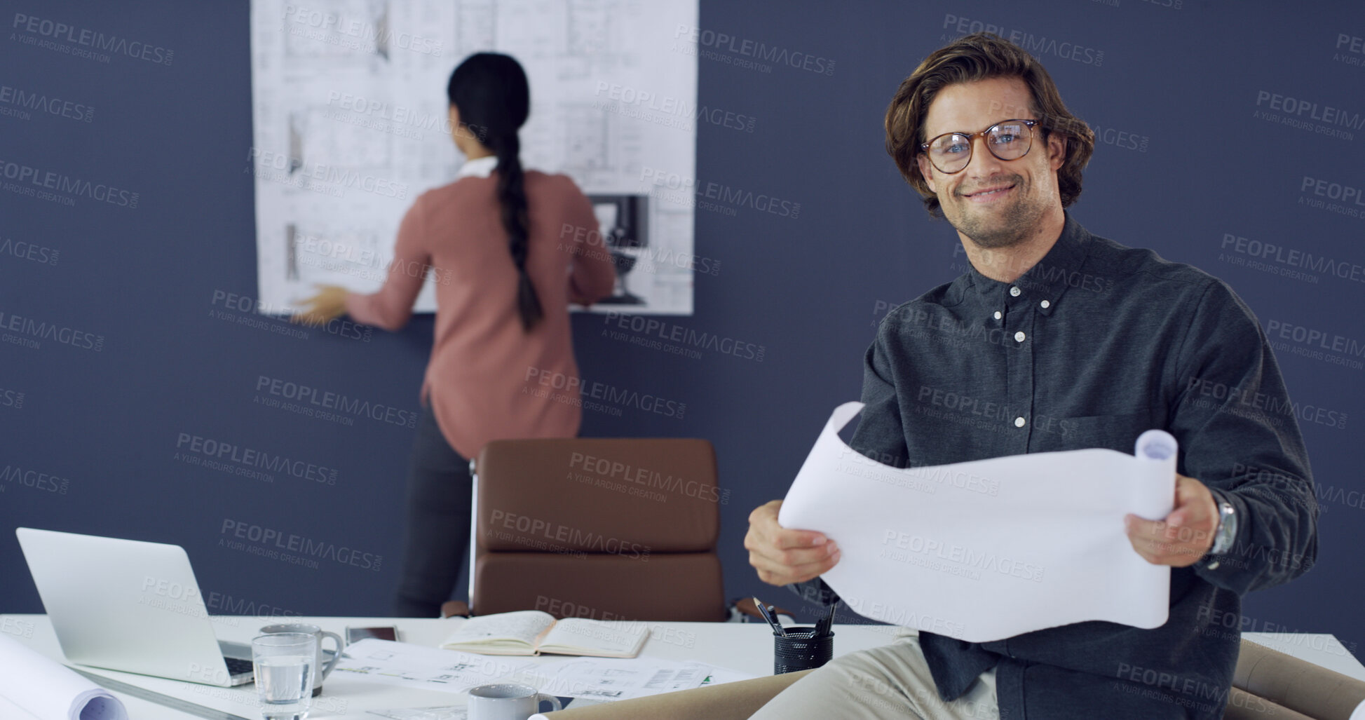Buy stock photo Blueprints, collaboration and construction with architect people in office for property development. Building, documents and floor plan with engineering team in workplace for project management