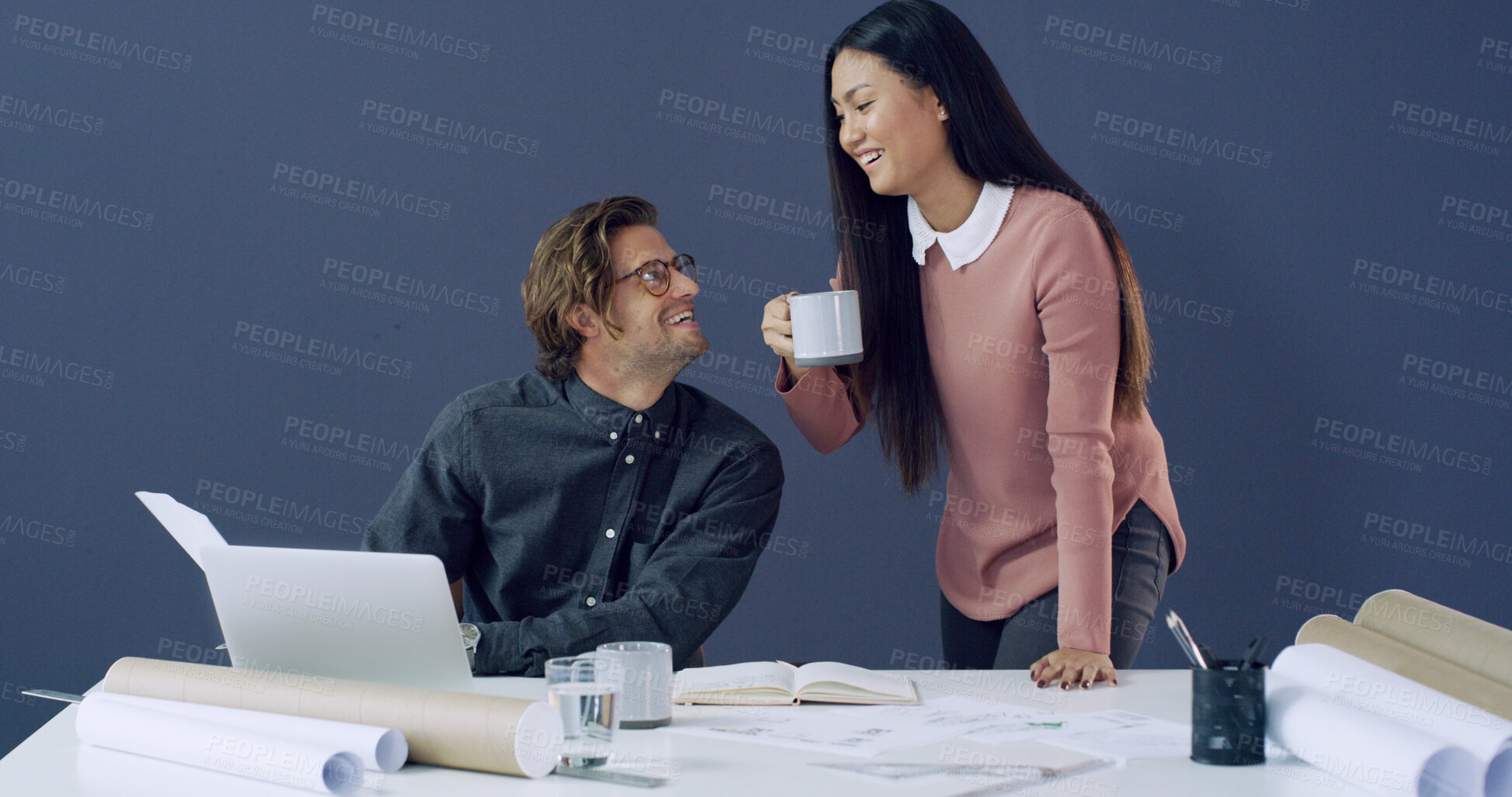 Buy stock photo Architect, people and discussion with blueprint in office for design review, city planning or ideas. Space, teamwork and coffee with laptop for architecture, project requirements and feedback report