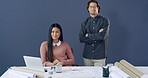 Collaboration, laptop and portrait of architect people in office for planning or property development. Blueprints, computer and construction with engineering team in workplace for project management