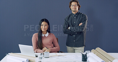 Buy stock photo Collaboration, laptop and portrait of architect people in office for planning or property development. Blueprints, computer and construction with engineering team in workplace for project management
