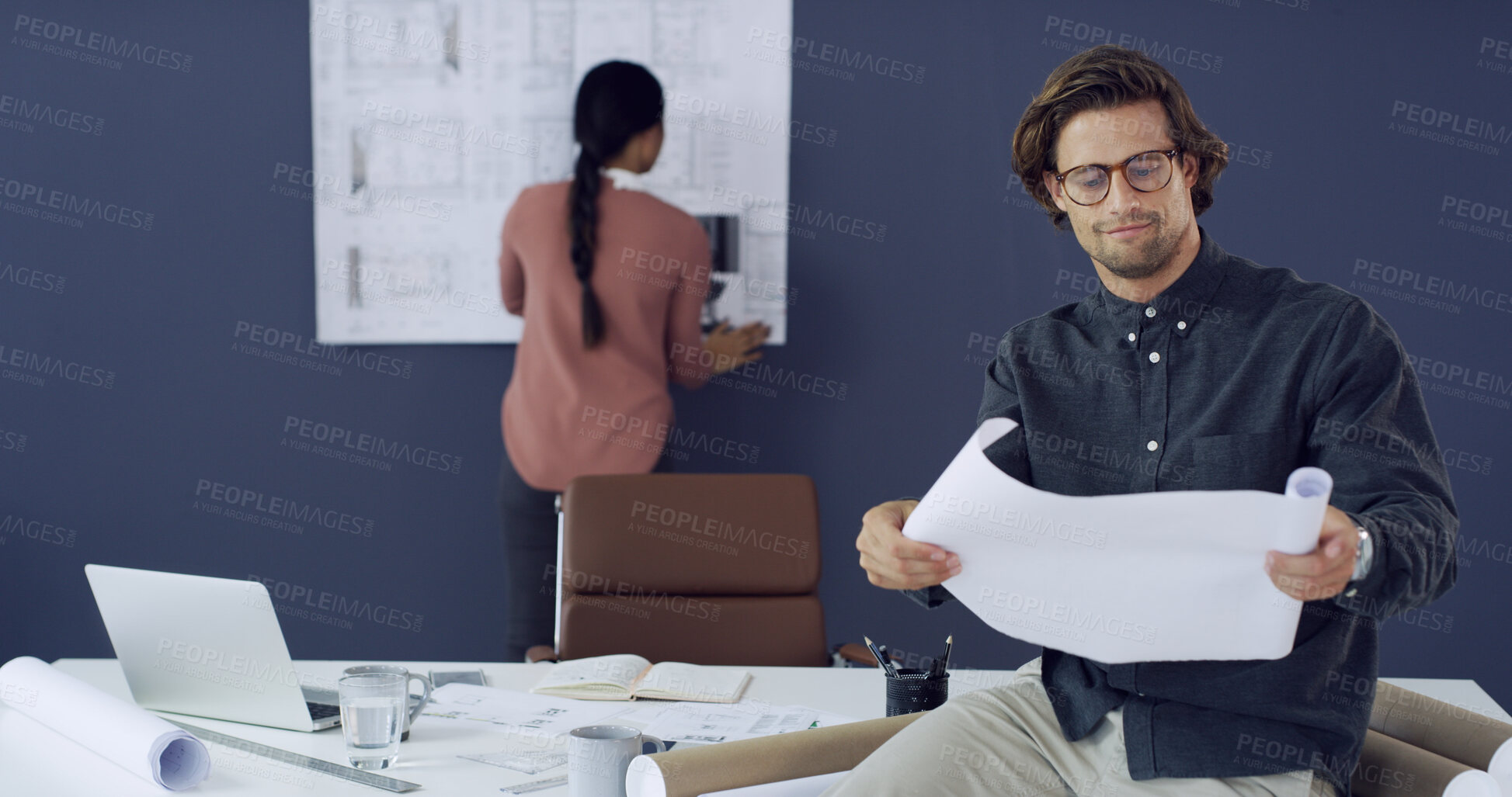 Buy stock photo Collaboration, construction and floor plan with architect people in office for property development. Blueprints, building and documents with engineering team in workplace for project management