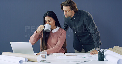Buy stock photo Coffee, laptop and architects with blueprints in office for city planning, email or meeting. Computer, cappuccino and construction designers in discussion for architecture project in collaboration.