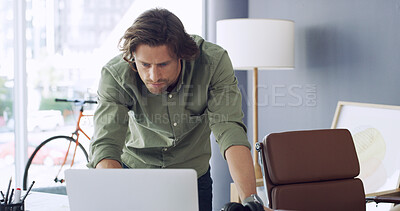 Buy stock photo Research, man and architect with laptop in office for project update, progress or real estate. Reading, online or engineer with tech for property development, design plan and building maintenance