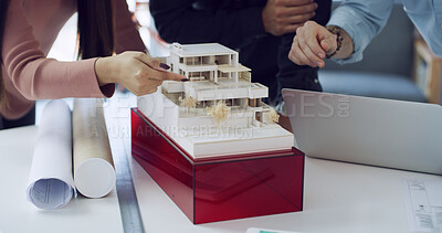 Buy stock photo Hands, architect and building model at meeting, point and review with laptop, blueprint or solution. People, group and project management for floor plan, real estate or property development at agency