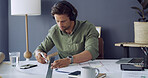 Floor plan, drawing and architect with headphones, blueprint and engineer in office. Laptop, podcast and illustration with architecture notes for construction project with design for contractor