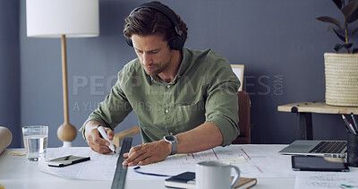Buy stock photo Floor plan, drawing and architect with headphones, blueprint and engineer in office. Laptop, podcast and illustration with architecture notes for construction project with design for contractor