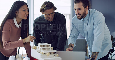 Buy stock photo Team, architecture and business people planning with model for home design, building and smile. Meeting, architect and discussion with 3d prototype, engineering and development with laptop in office