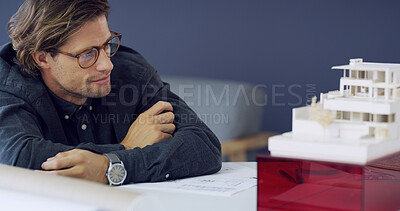 Buy stock photo Thinking, man and architect with model in office for real estate, illustration and building design. Male person, 3D prototype and check project planning, property development and expansion structure