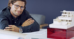 Portrait, man and architect with model in office for career pride, about us and building design. Male person, 3d prototype and update of project planning, property development and expansion structure