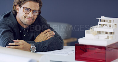 Buy stock photo Portrait, man and architect with model in office for career pride, about us and building design. Male person, 3d prototype and update of project planning, property development and expansion structure
