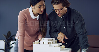 Buy stock photo Team, architecture and business people planning with prototype, house design or building. Meeting, architect and discussion with 3d model, engineering or review development for construction in office