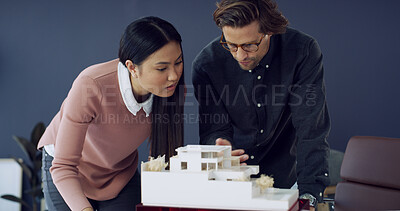 Buy stock photo Team, architecture and people planning with 3d model, house design or building. Meeting, architect and discussion with prototype, creative engineering or review development for construction in office