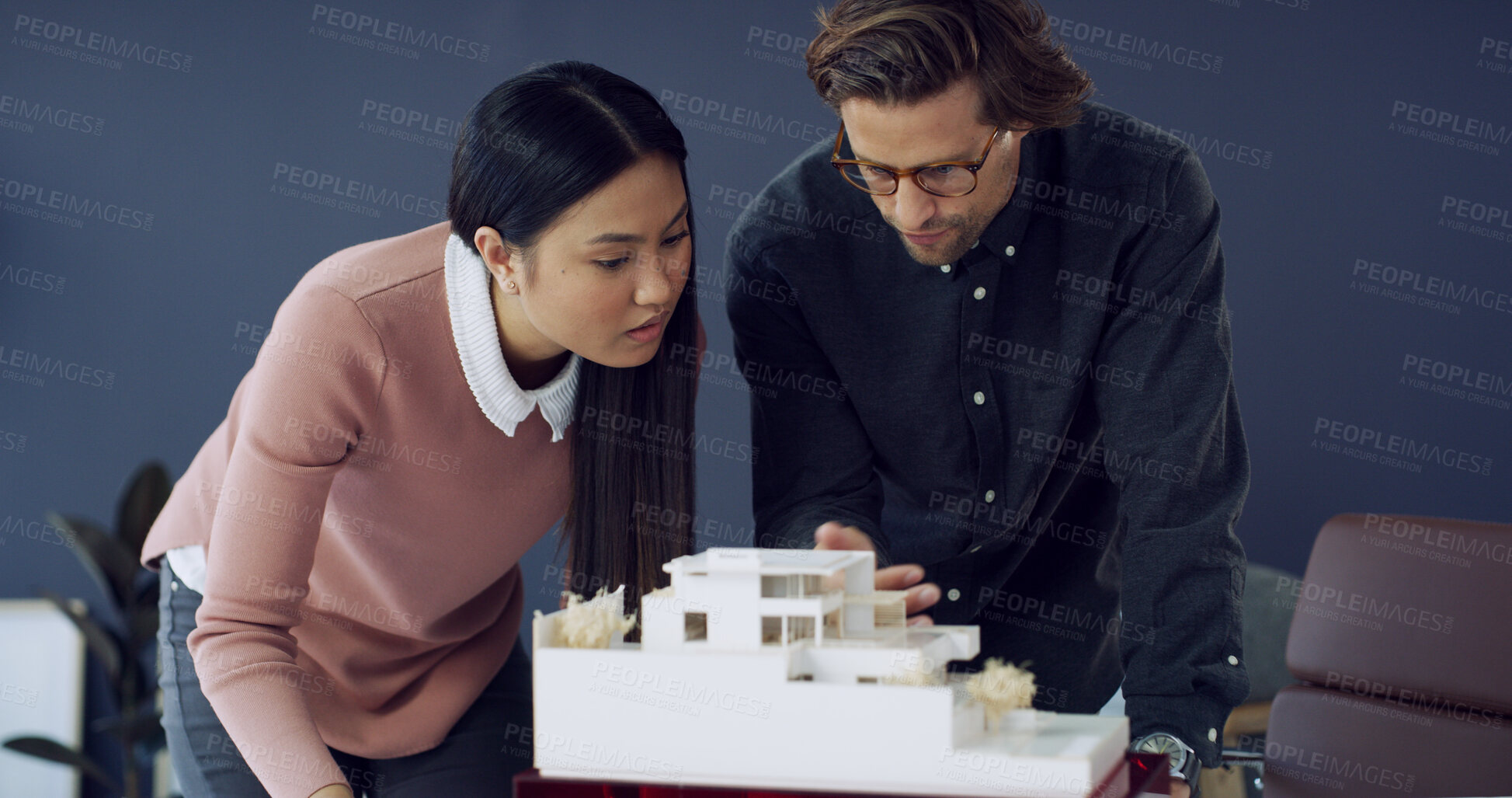 Buy stock photo Team, architecture and people planning with 3d model, house design or building. Meeting, architect and discussion with prototype, creative engineering or review development for construction in office
