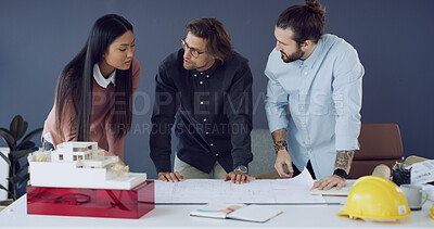Buy stock photo Group, architecture and people planning with blueprint, design or building draft. Meeting, construction and discussion with document for creative engineering, review development and project in office