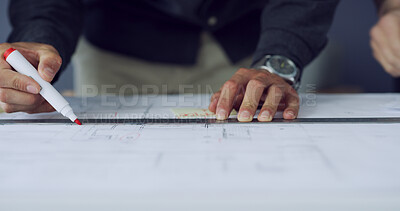 Buy stock photo Drawing, engineering or hands of man with blueprint for project, building strategy or layout. Construction, architecture or contractors with ruler for property design, collaboration or floor plan