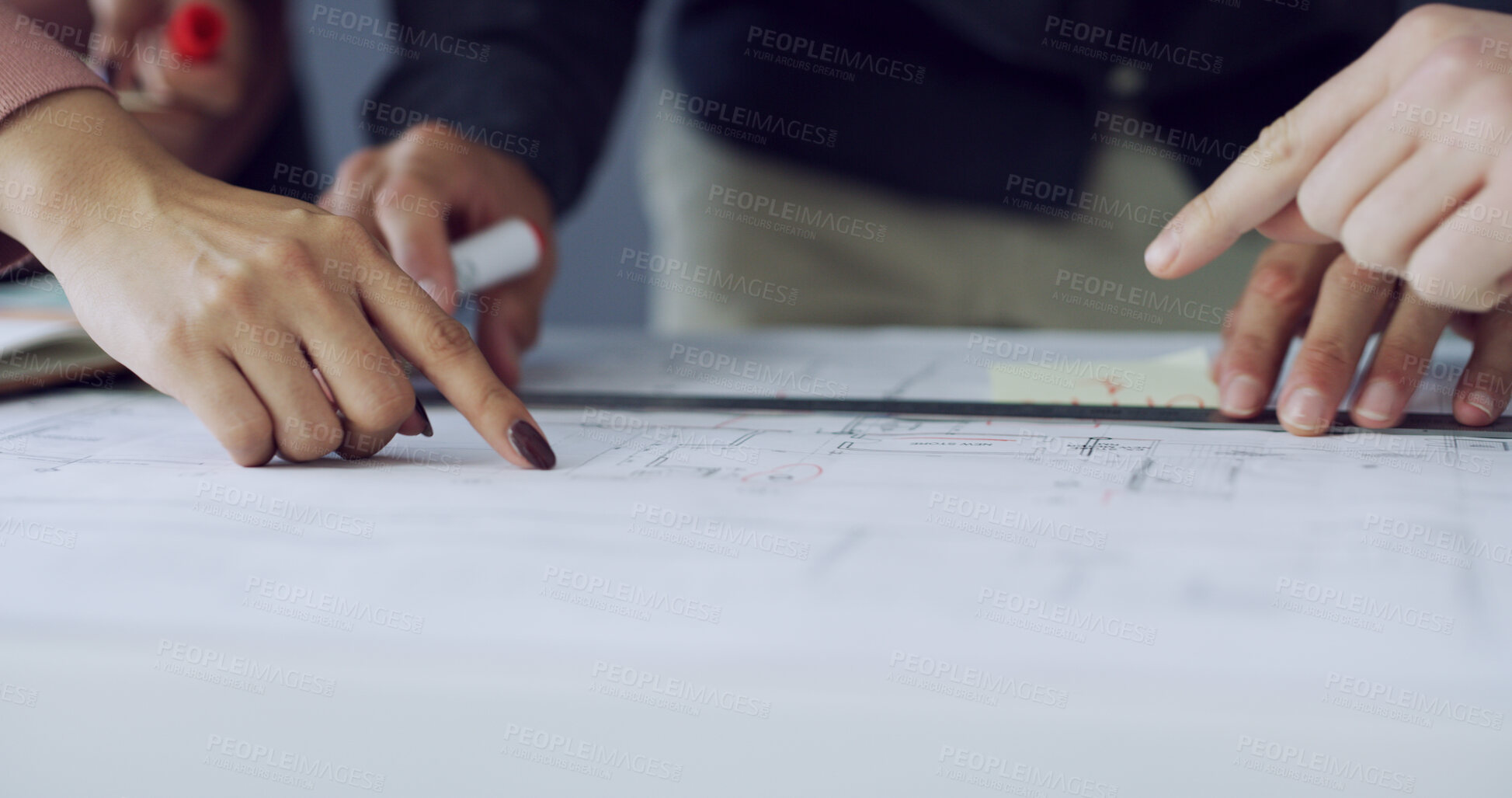 Buy stock photo Meeting, engineering or hands of people with blueprint for project, building layout or teamwork. Construction, architecture or contractors with ruler for property design, collaboration or floor plan