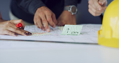 Buy stock photo Meeting, engineering or hands of people with floor plan for project, building layout or teamwork. Construction, architecture or contractors with designer for property, collaboration and blueprint
