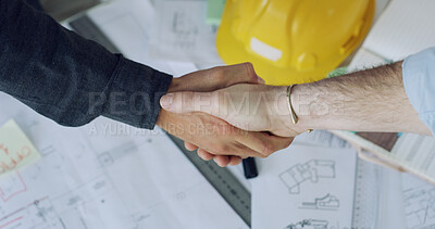 Buy stock photo Architecture, handshake or above of people with floor plan for building deal, teamwork or offer. Real estate, shaking hands or property developer in meeting with contractor, engineer and agreement
