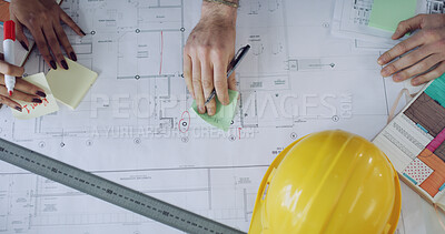Buy stock photo Sticky note, architecture or hands of team with blueprint for project, building strategy or people. Top view, engineering or designers in meeting for property layout, collaboration and floor plan