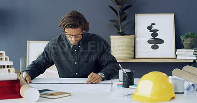 Buy stock photo Drawing, man and architect with construction blueprints in office for planning with project. Professional, industry and male building designer with architecture draft for client in workplace.