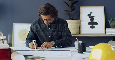 Buy stock photo Drawing, man and architect with blueprints in office for construction planning with project. Professional, industry and male building designer with architecture draft for floor plan in workplace.