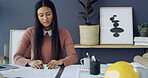 Drawing, woman and architect with blueprints in office for construction planning with project. Professional, industry and female building designer with architecture draft for client in workplace.