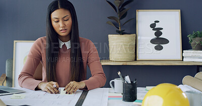 Buy stock photo Drawing, woman and architect with blueprints in office for construction planning with project. Professional, industry and female building designer with architecture draft for client in workplace.