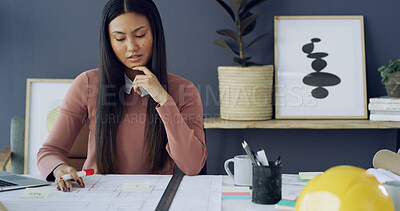 Buy stock photo Thinking, woman and architect with construction blueprints in office for planning with project. Professional, ideas and female building designer with architecture draft for industry in workplace.