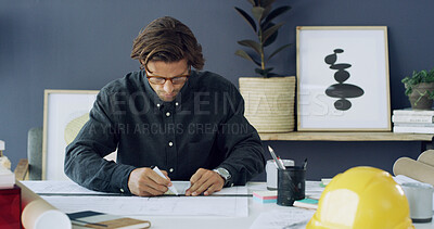 Buy stock photo Drawing, man and architect with blueprints and stationery in office for construction planning with project. Professional, industry and male designer with architecture draft for client in workplace.