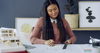 Buy stock photo Office, architect and woman with blueprint, measuring or planning for industrial project and design. Creative, civil engineer and Asian person with ruler for architecture, smile and technical drawing