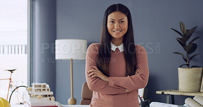 Buy stock photo Woman, arms crossed and architect in portrait at office with pride, building model and smile at company. Person, excited and happy for property development, real estate and confidence in Malaysia