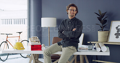Buy stock photo Portrait, man and architect with arms crossed in office for career pride, about us and real estate. Male person, confident and 3d model of property development, project planning and renovation design