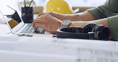 Buy stock photo Laptop, hands and architect with typing, blueprint and research of engineer in office. Schedule, email and planning with architecture notes for construction project with design for contractor