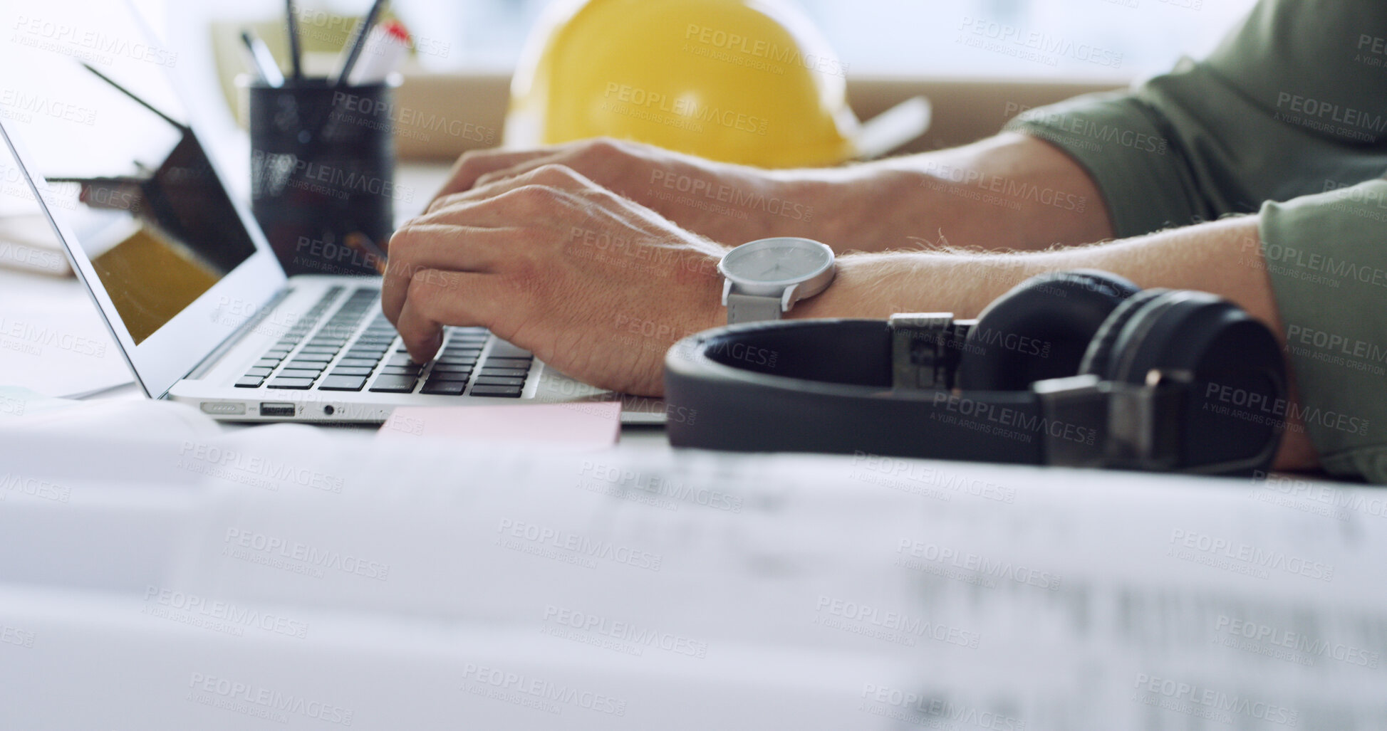 Buy stock photo Laptop, hands and architect with typing, blueprint and research of engineer in office. Schedule, email and planning with architecture notes for construction project with design for contractor